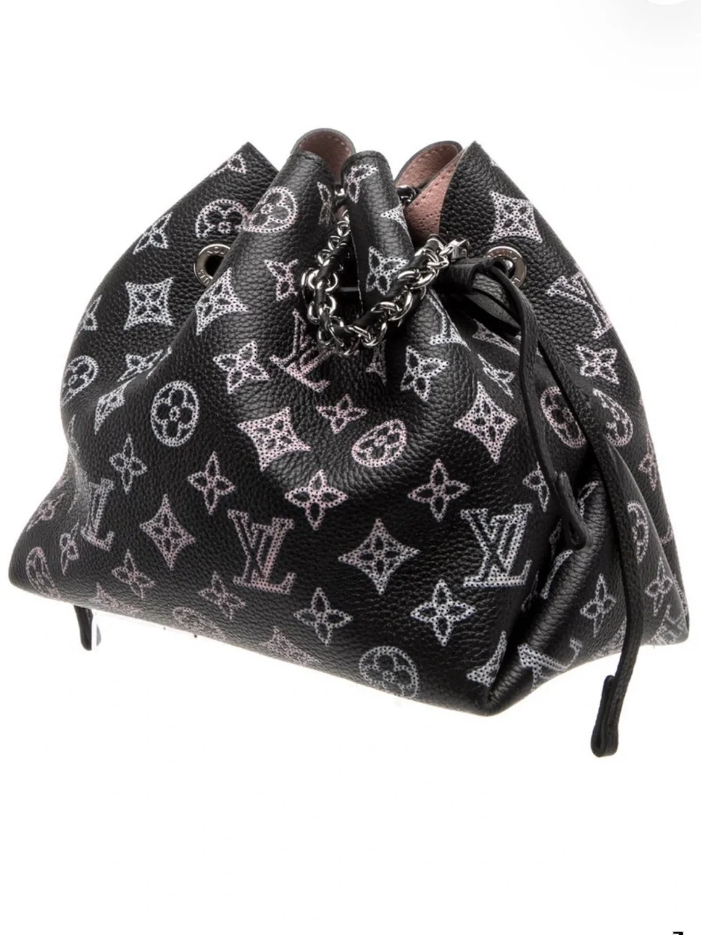 Black Monogram Mini Drawstring Bucket Bag with Silver Chain